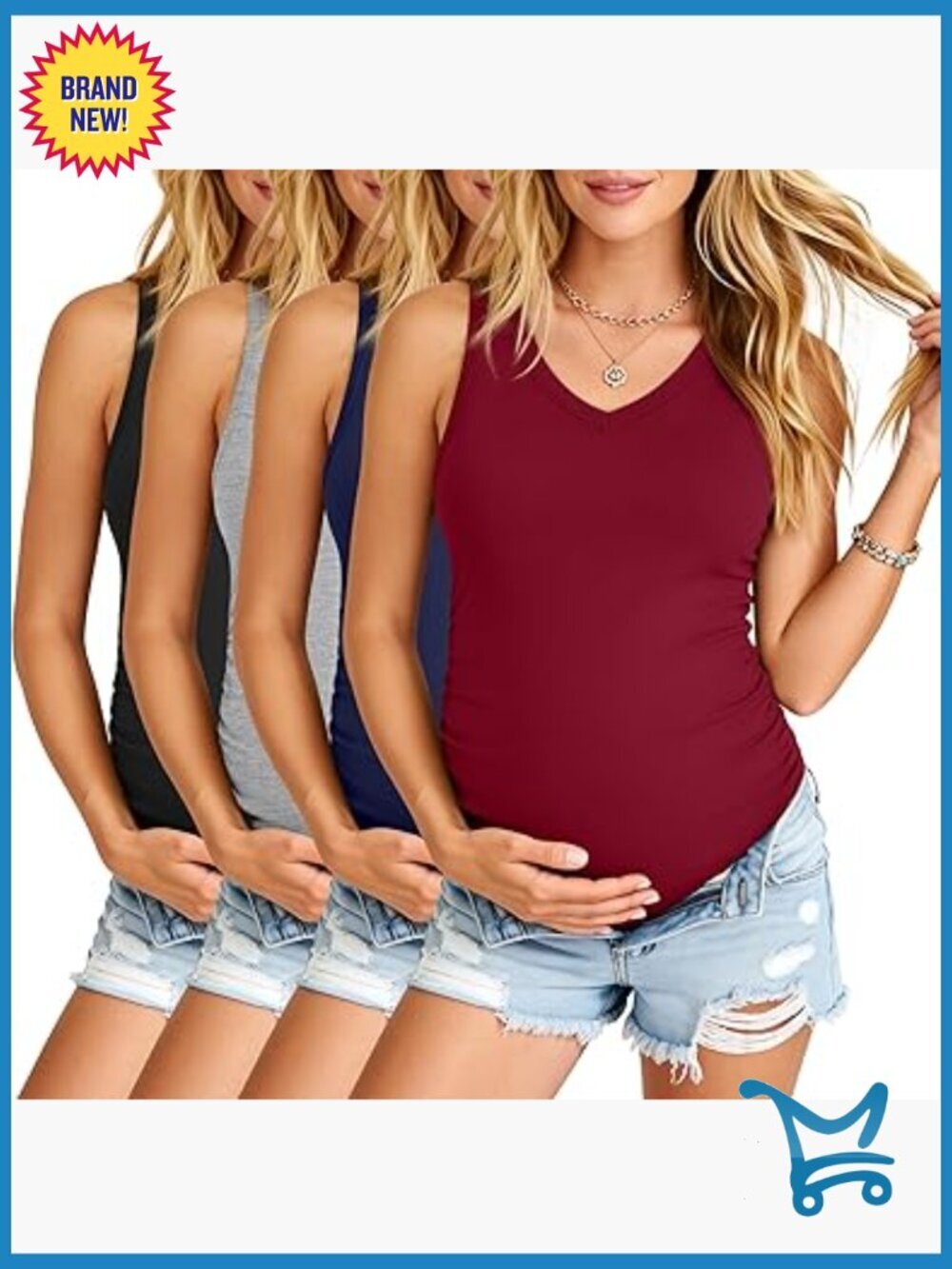 4 Pack Maternity V Neck Tank Tops Side Ruched Sleeveless Basic Pregnancy Shirts